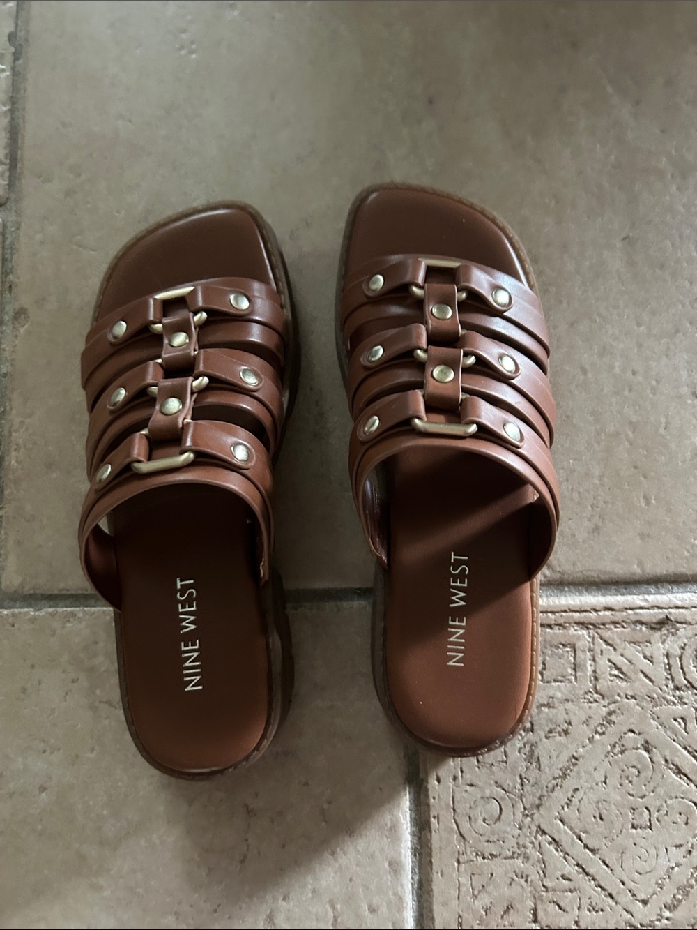 Nine West Brown Studded Multi-Strap Slide Mules